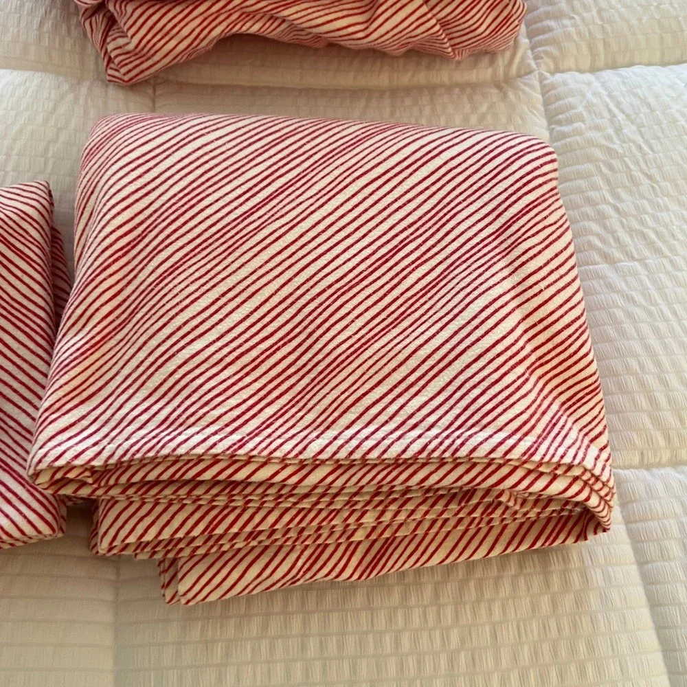 Garnet Hill Hable Construction Flannel Sheet Set Queen Red White Stripe Portugal